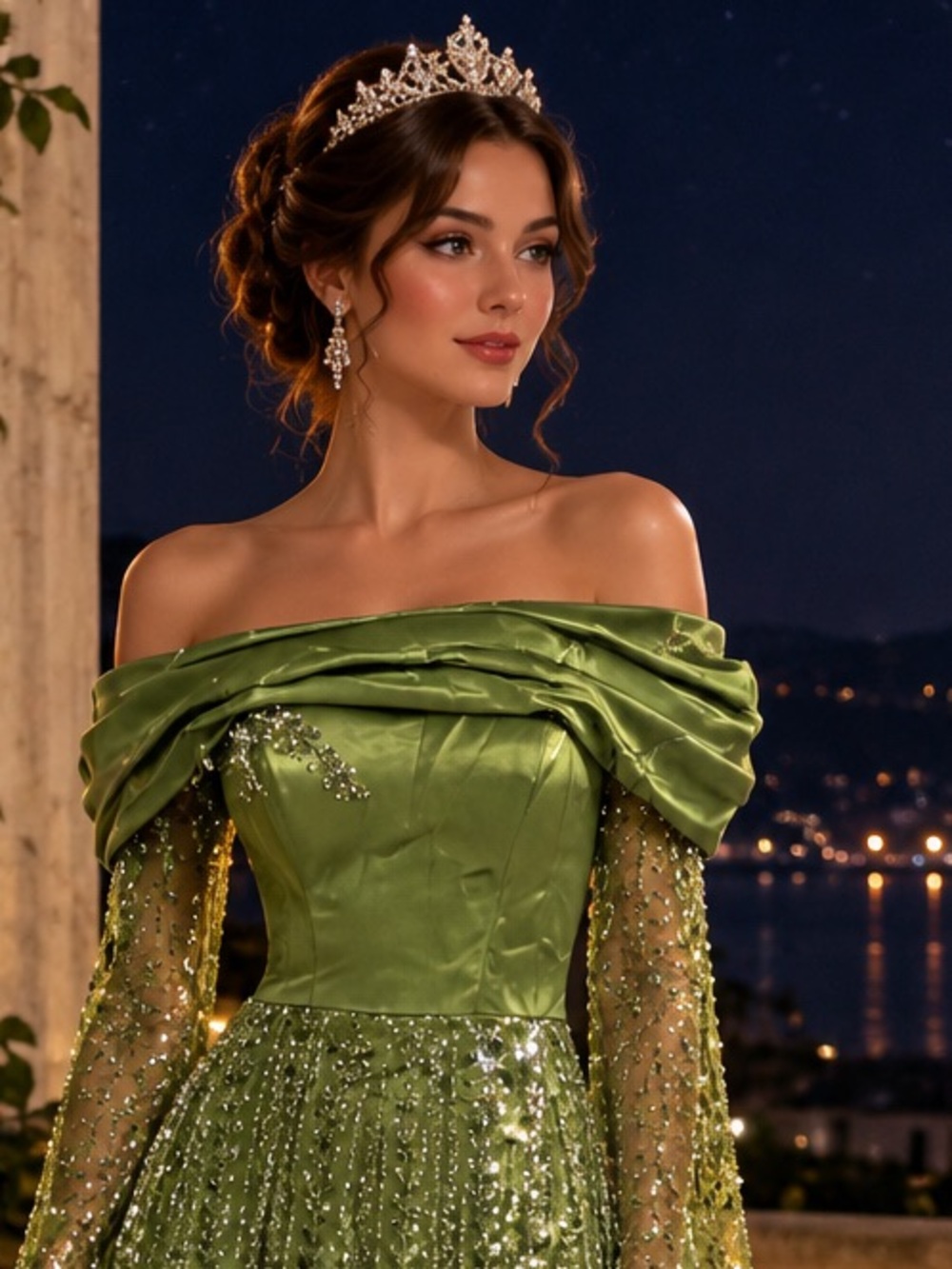 Lime Green Embroidered Long Sleeve Maxi Dress with a back corset lace up - Picture 3 of 9